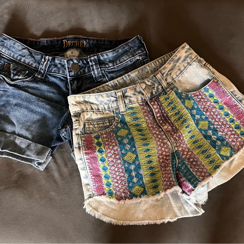 VINTAGE Decree Dark Blue & Delias Multicolor Jean Shorts juniors Sz 0/00 EXC!